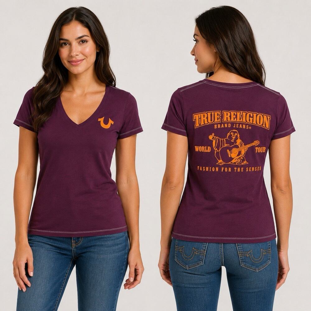True Religion Women’s L Burgundy V-Neck T-Shirt World Tour Big Back Graphic Y2K